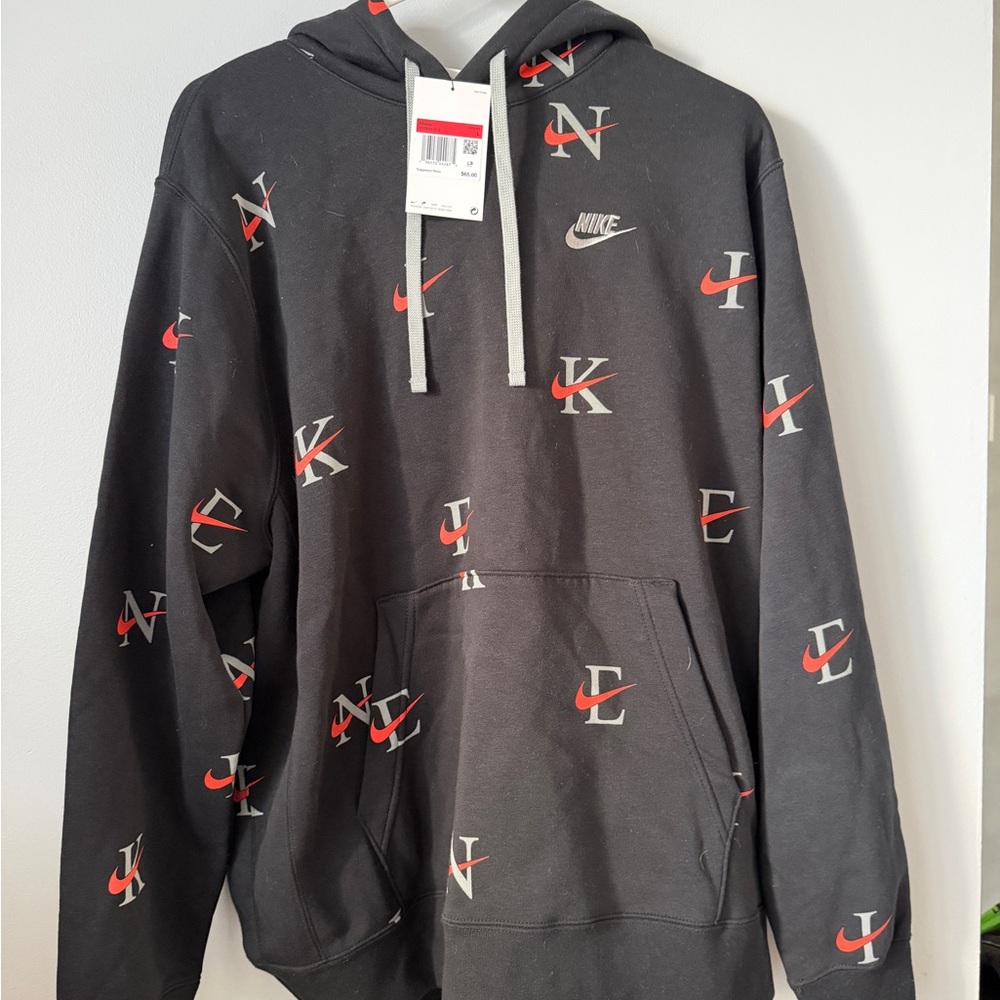 Nike Men's Charcoal Hoodie with Red and White Lettering